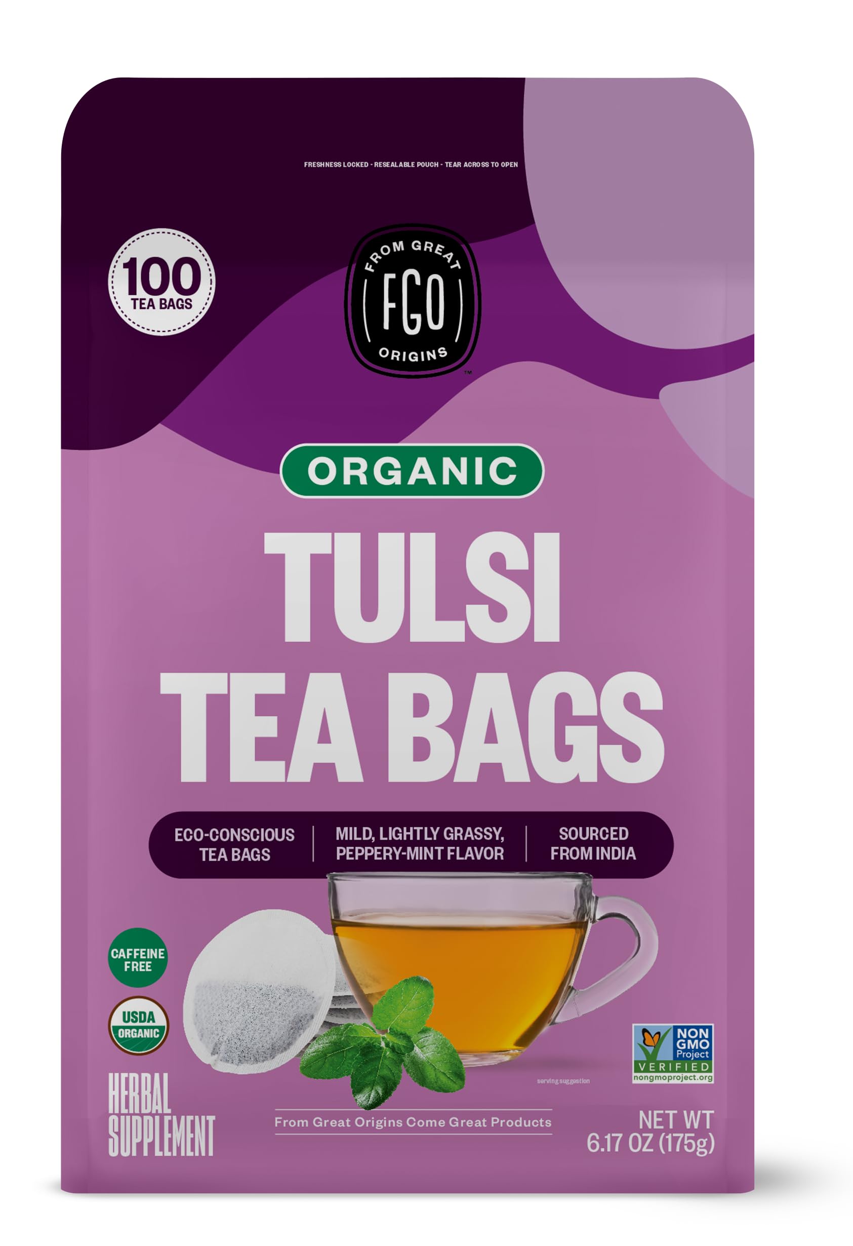 Fgo Organic Tulsi Holy Basil Tea  100 Count  Eco-Conscious Herbal Tea Bags  Resealable Bag  Energy Blend Free  Packaflavor Blendg May Vary (Pack Of 1)