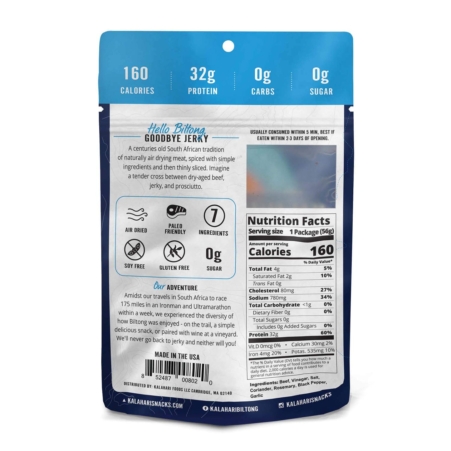 Garlic Kalahari Biltong, Air-Dried Thinly Sliced Beef, 2Oz (Pack Of 8), Sugar Free, Gluten Free, Keto & Paleo, High Protein Snac