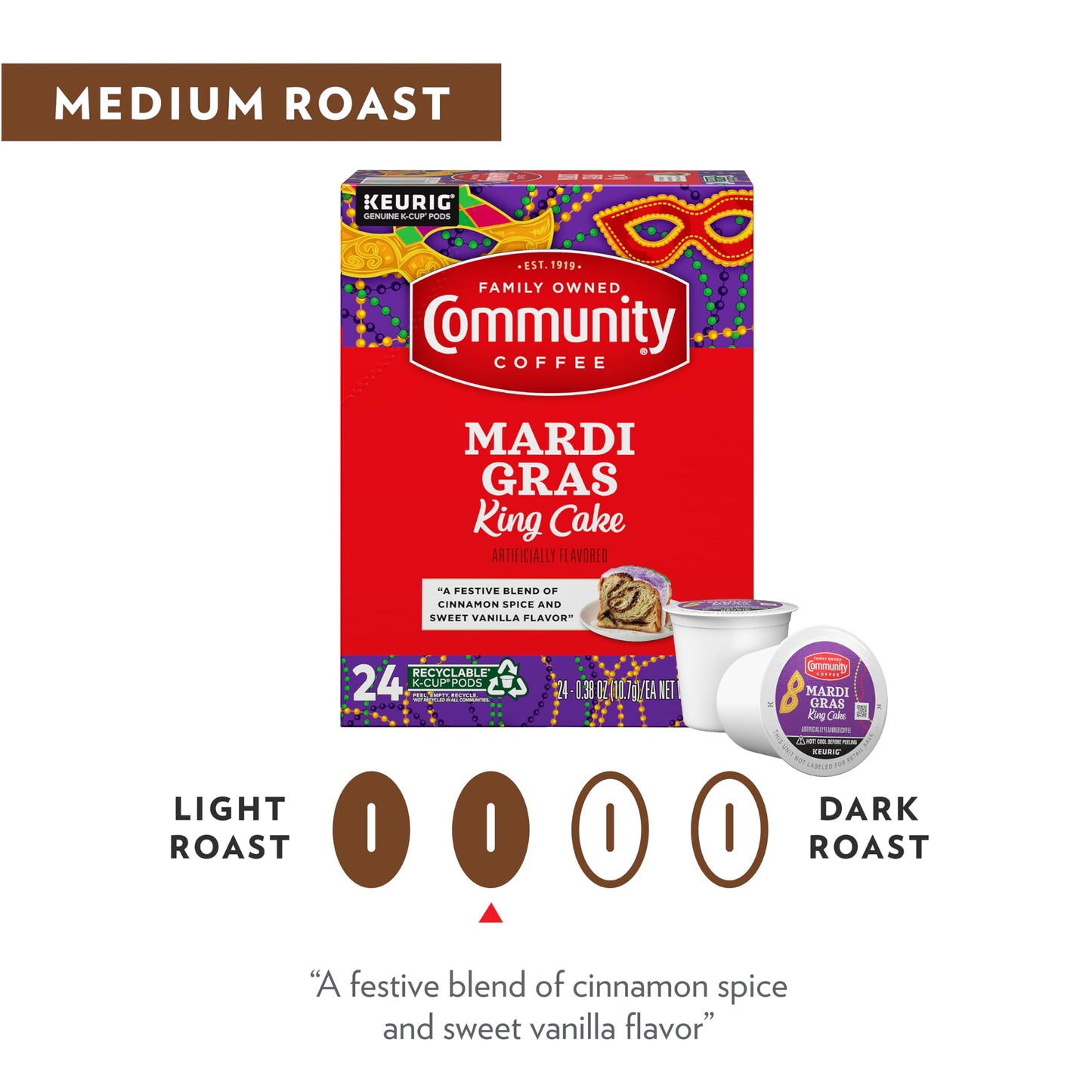 Community Coffee Mardi Gras King Cake Flavored Coffee Pods, Medium Roast, 12 Count (Pack of 6), Compatible with Keurig 2.0