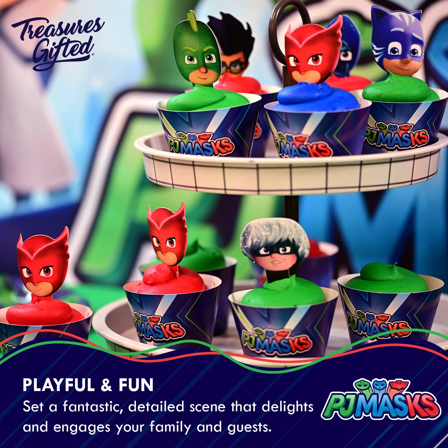 Treasures Gifted Officially Licensed Pj Masks Cupcake Toppers & Wrappers 24Ct - Pj Masks Birthday Party Supplies - Pj Mask Party
