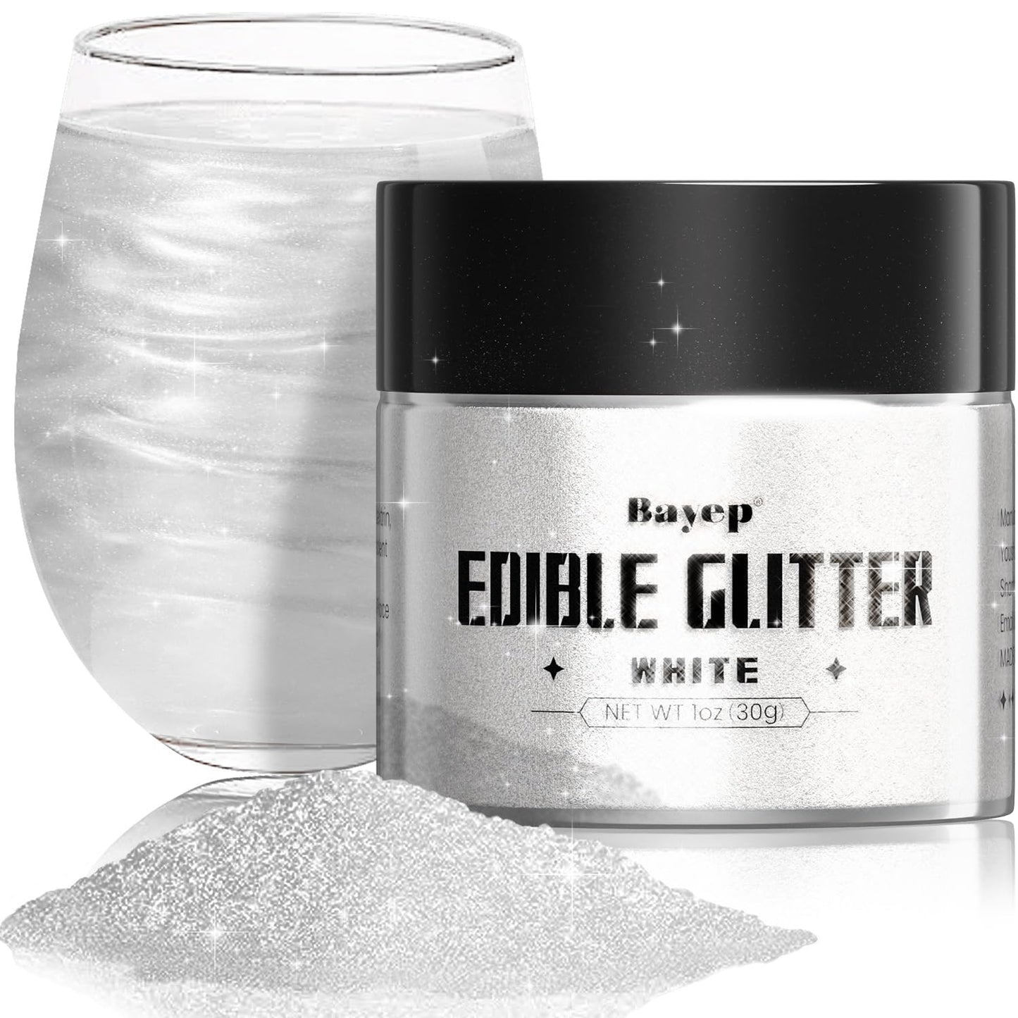Bayep Shimmer White Edible Glitter for Drinks, 30g Luster Dust for Cake and Party Supplies