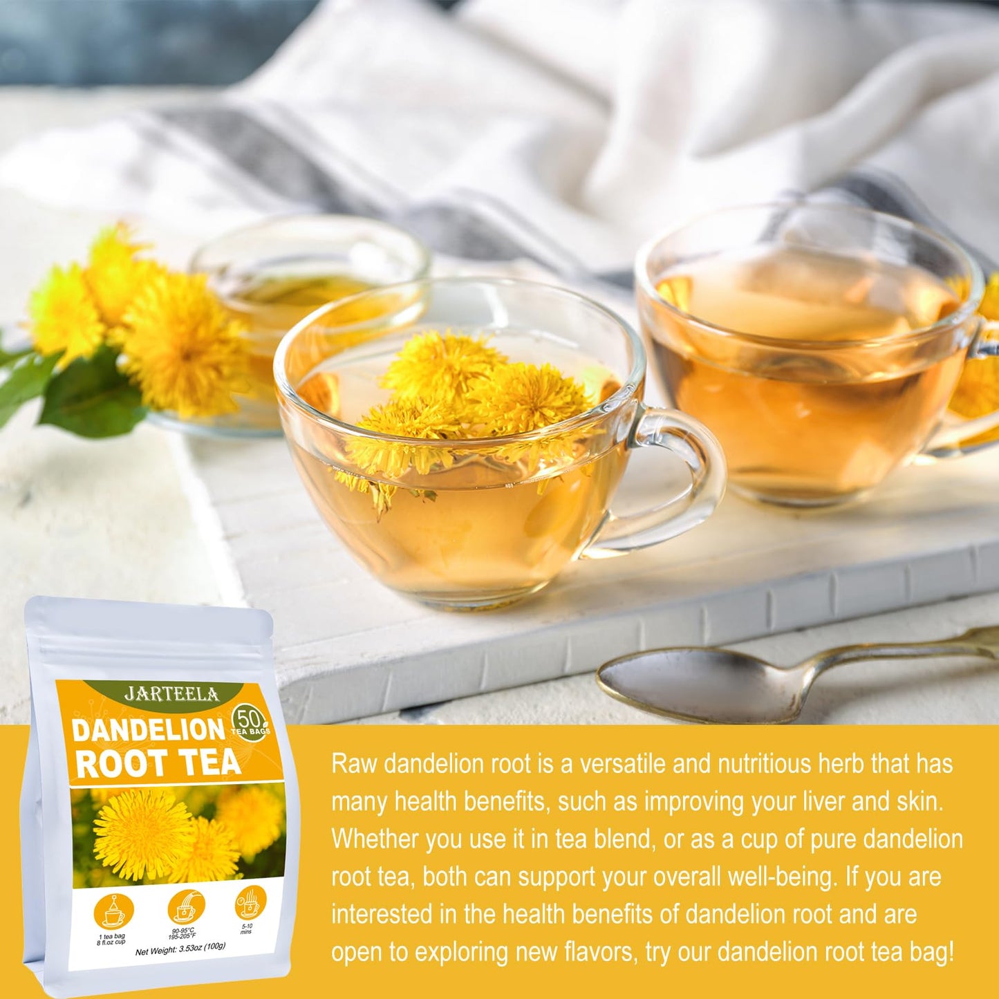 Jarteela Dandelion Root Tea - Caffeine-Free, Non-GMO - 50 Count Pyramid Bags