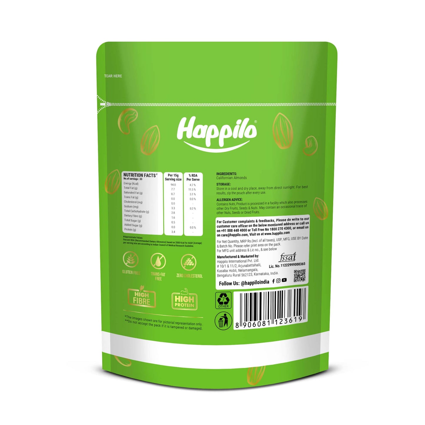 Happilo 100% Natural Premium Californian Almonds Value Pack Pouch, 500 G