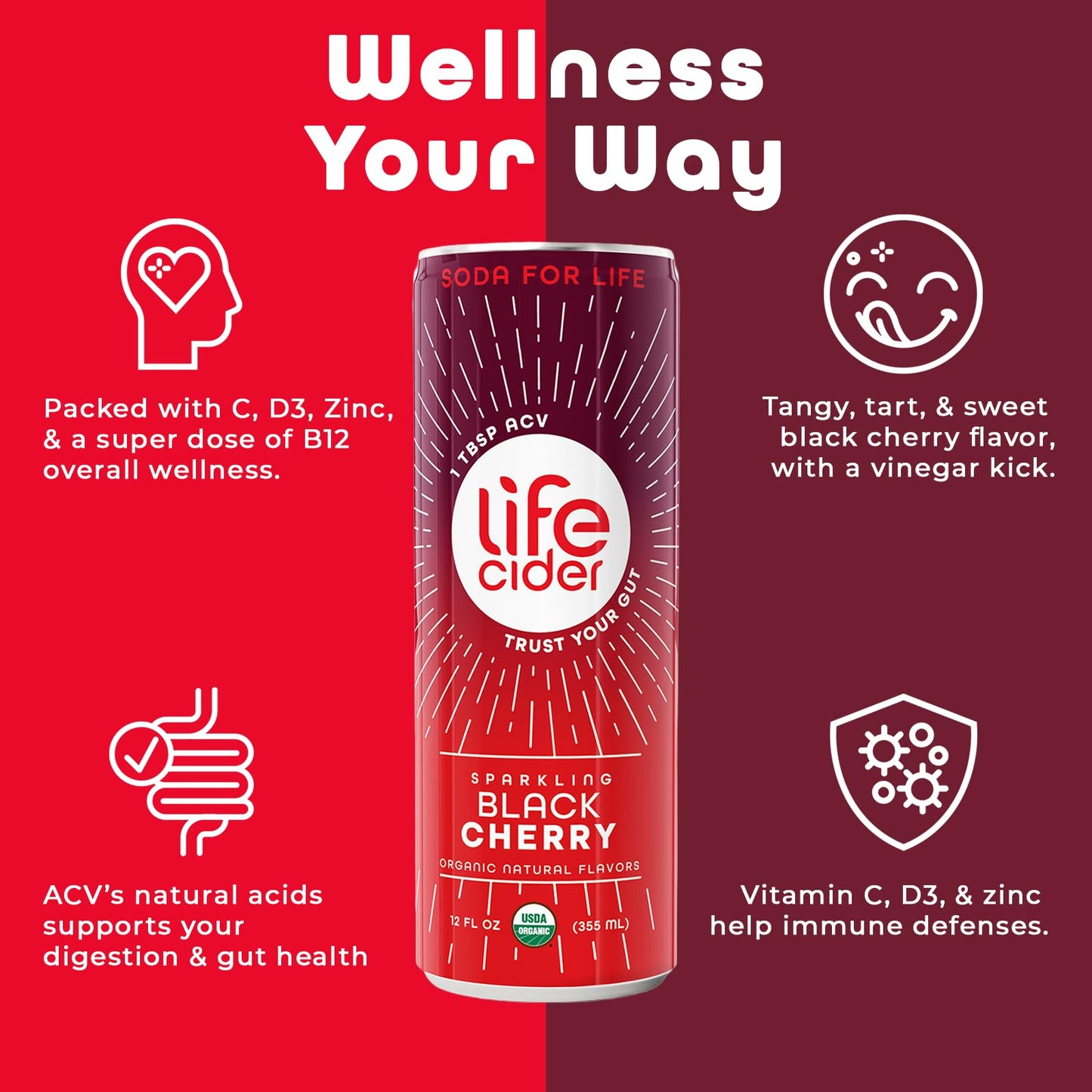 LIFE CIDER Black Cherry Apple Cider Vinegar Soda, 12 Pack, Organic Sparkling Drink, Promotes Gut Health, Natural Flavors
