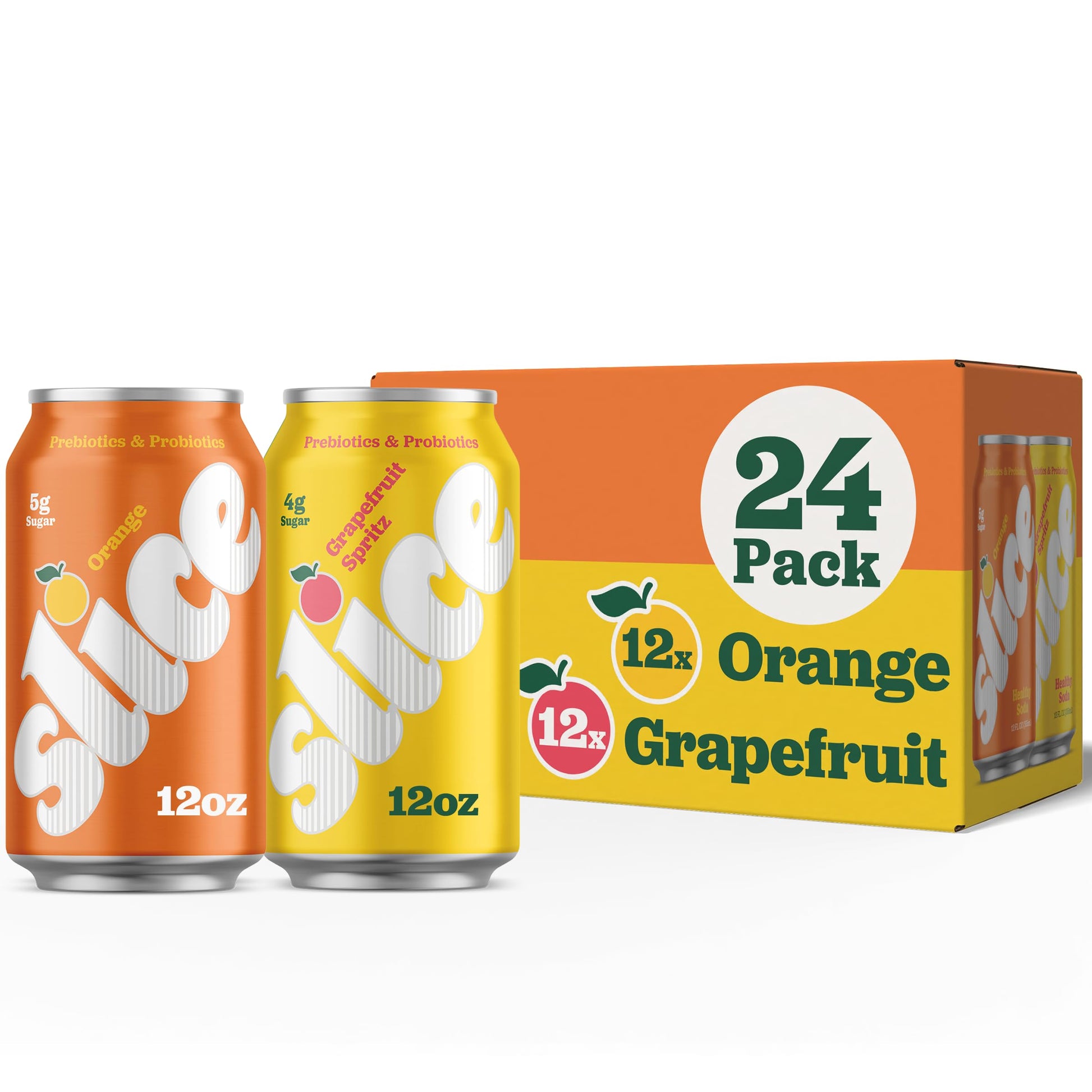 Slice Healthy Soda, Orange & Grapefruit Variety Pack, Prebiotic & Probiotic Soda Pop, 5g Fiber, 35-40 calories, 12 fl oz 24 Pack