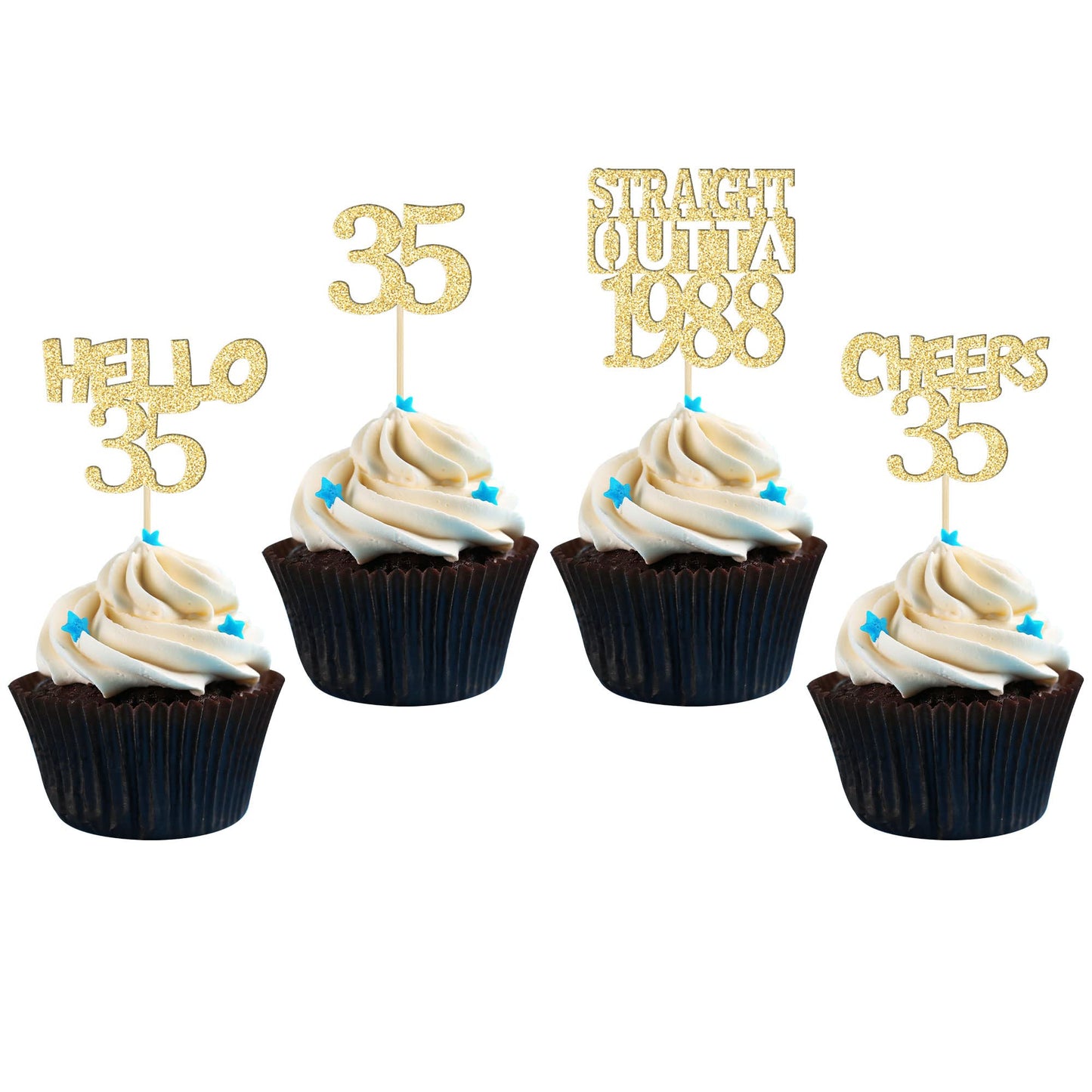 Gyufise 24Pcs Happy 35th Cupcake Toppers Glitter Thirty-five Straight Outta 1988 Cupcake Picks Cheers to 35 Years Birthday Cake