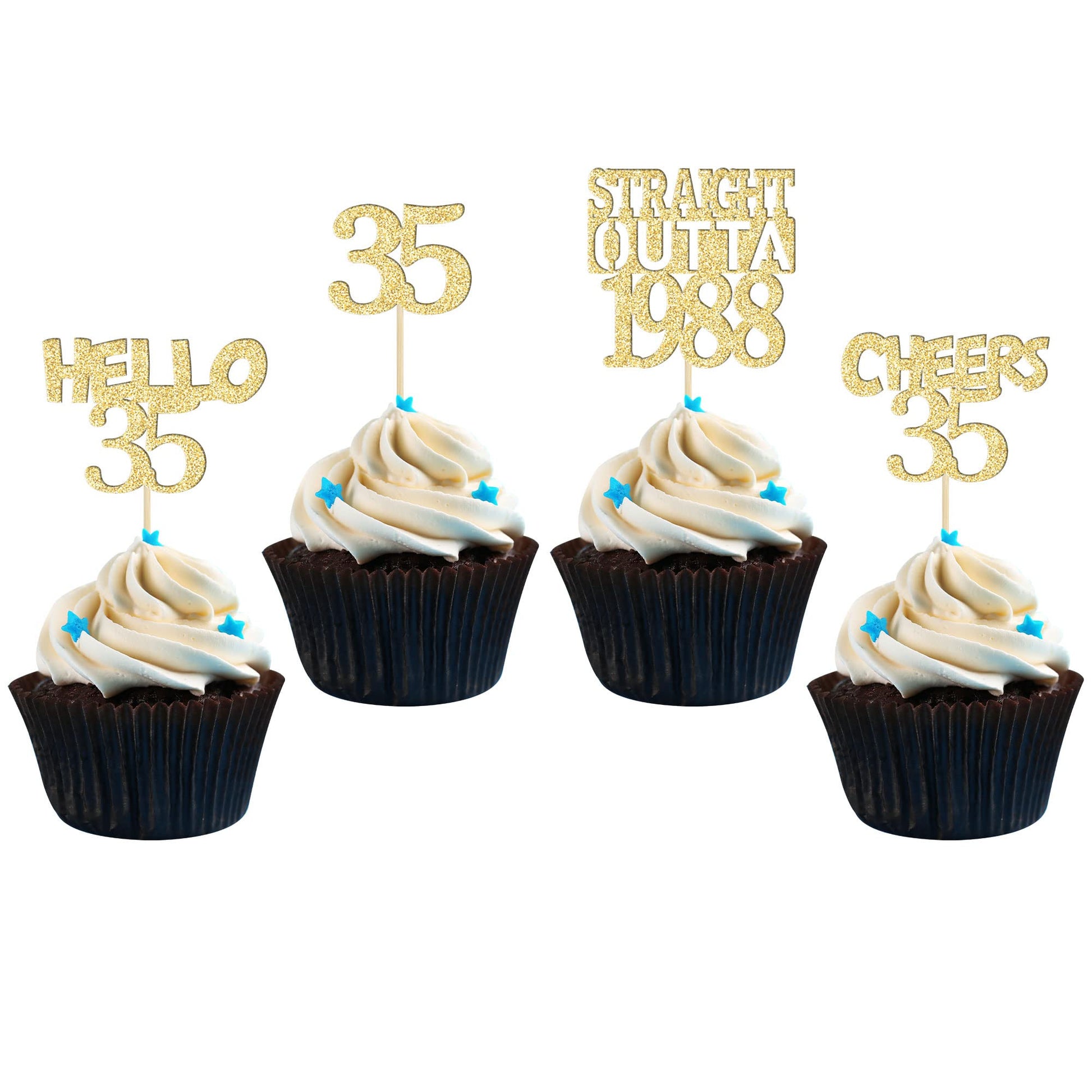 Gyufise 24Pcs Happy 35th Cupcake Toppers Glitter Thirty-five Straight Outta 1988 Cupcake Picks Cheers to 35 Years Birthday Cake