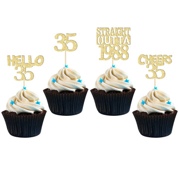 Gyufise 24Pcs Happy 35th Cupcake Toppers Glitter Thirty-five Straight Outta 1988 Cupcake Picks Cheers to 35 Years Birthday Cake