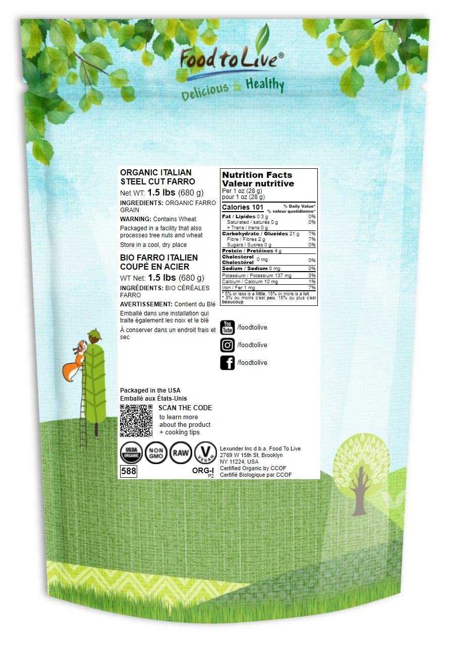 Food To Live Organic Italian Steel Cut Farro, 1.5 Pound - Non-Gmo, Cracked Pearled Wheat Grain, Non-Irradiated, Vegan, Bulk. Eas
