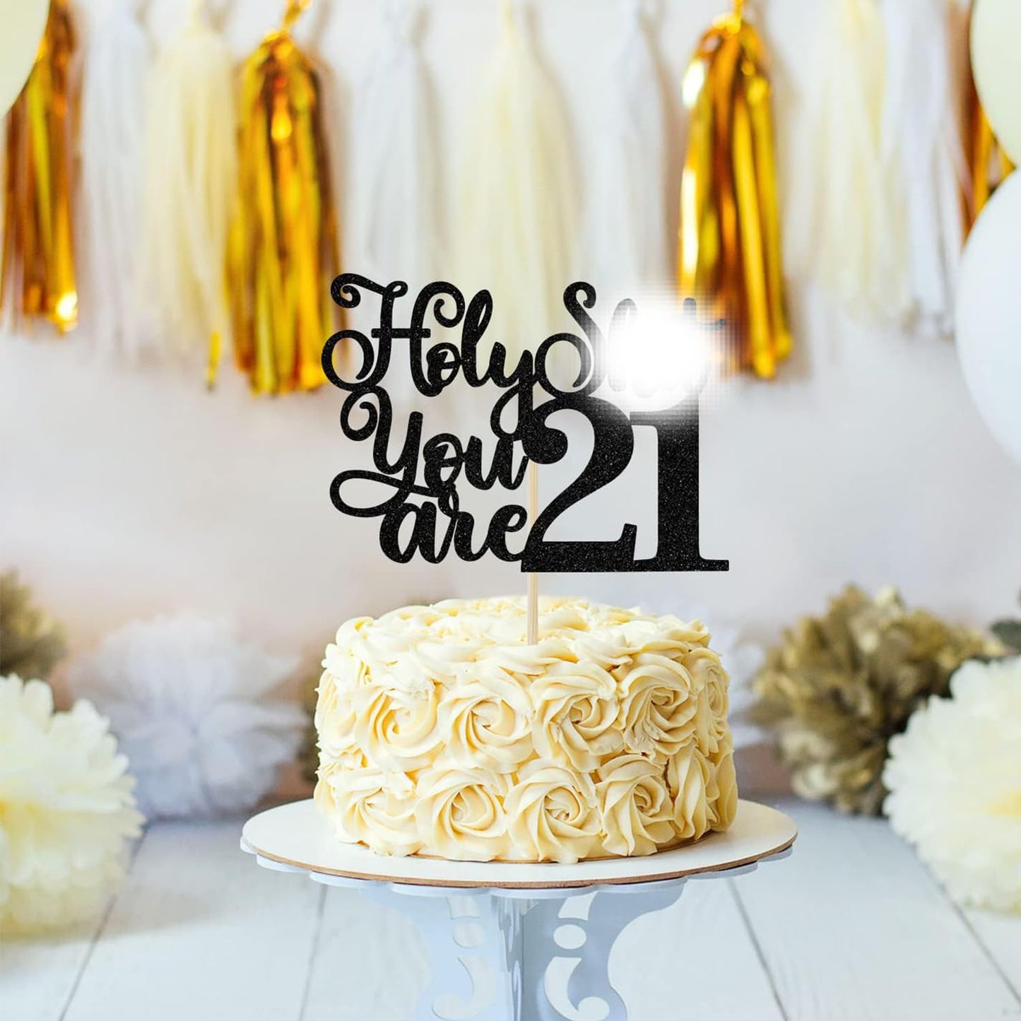 Jenrtvis 21st Birthday Cake Topper, Black Glitter Paper Decor for Him/Her