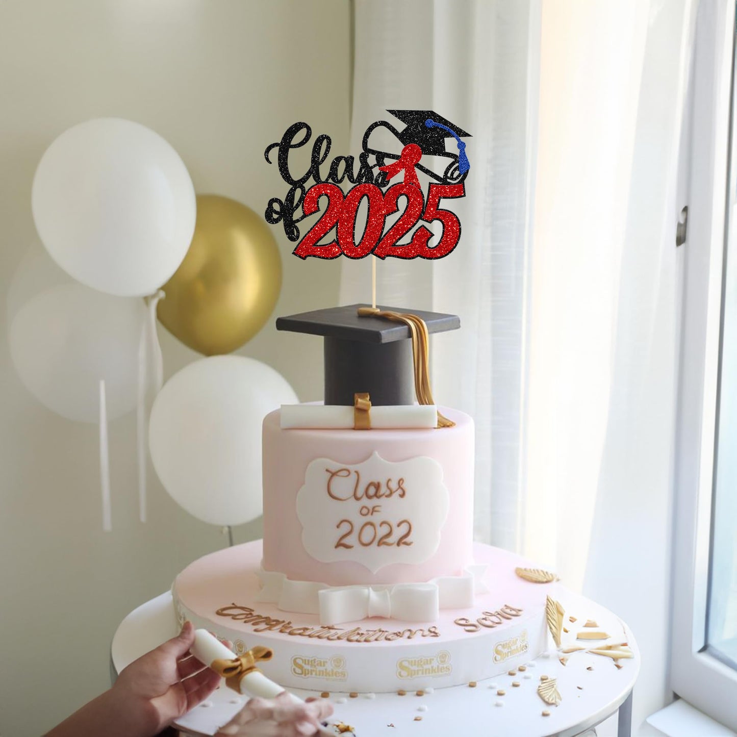 Gyufise 1 Pack Red Class Of 2025 Cake Topper Glitter Congrats Grad Cap Cake Pick 2025 Graduation Theme Party Cake Decorations