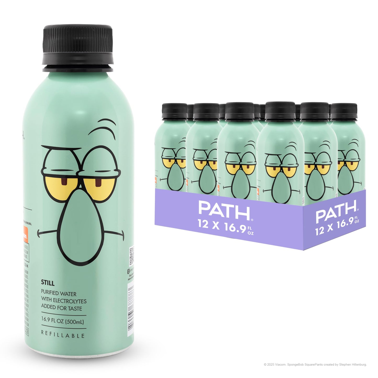 PATHWATER Aluminum Water Bottle - BPA-Free, Reusable, 16.9 fl oz (Pack of 12) - Squidward Tentacles Edition