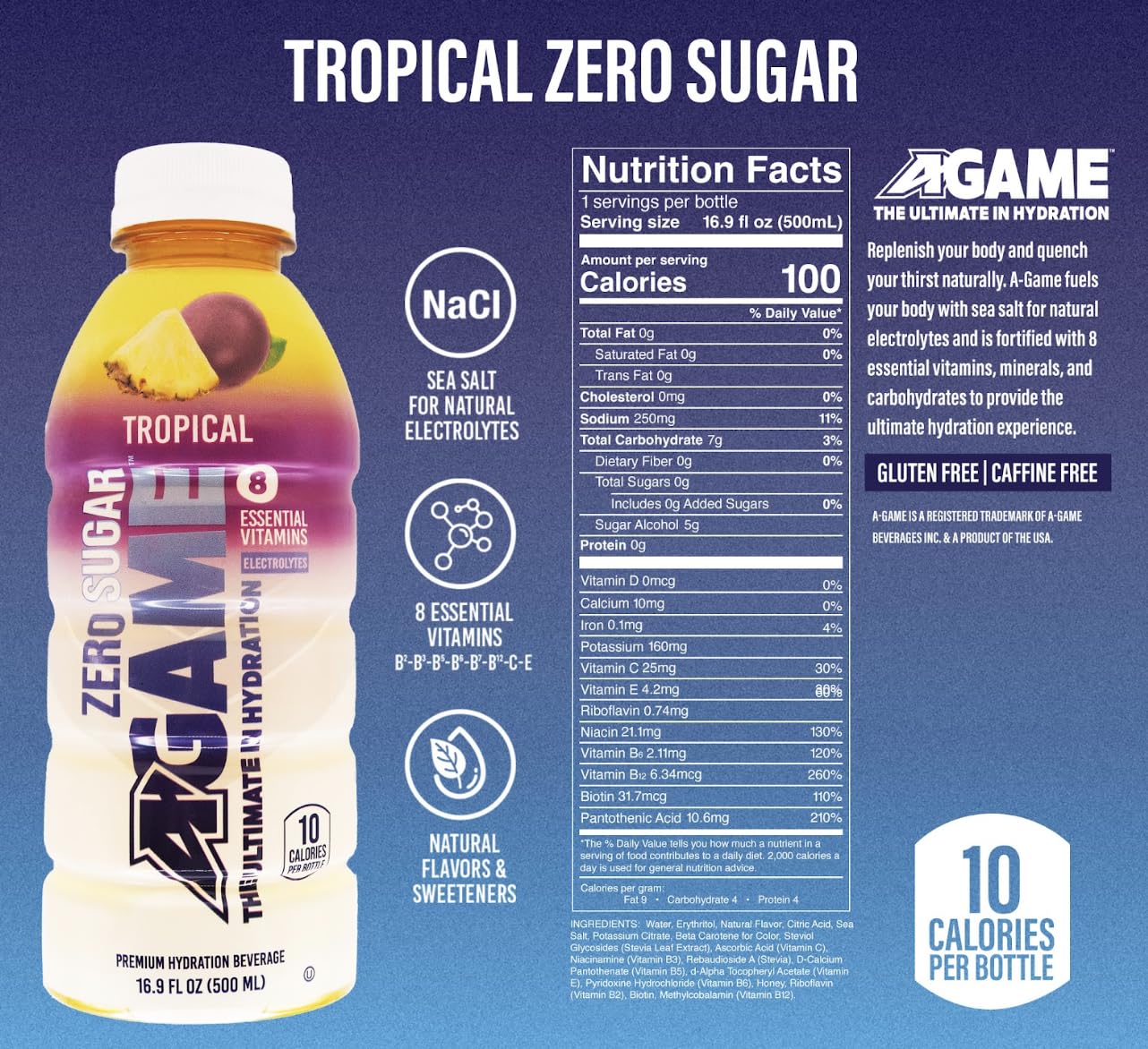 A-Game Zero Sugar Sports Drink, Tropical Zero,Ultimate Sugar Free Hydration, 8 Essential Vitamins: B,C & E, Sea Salt Electrolyte