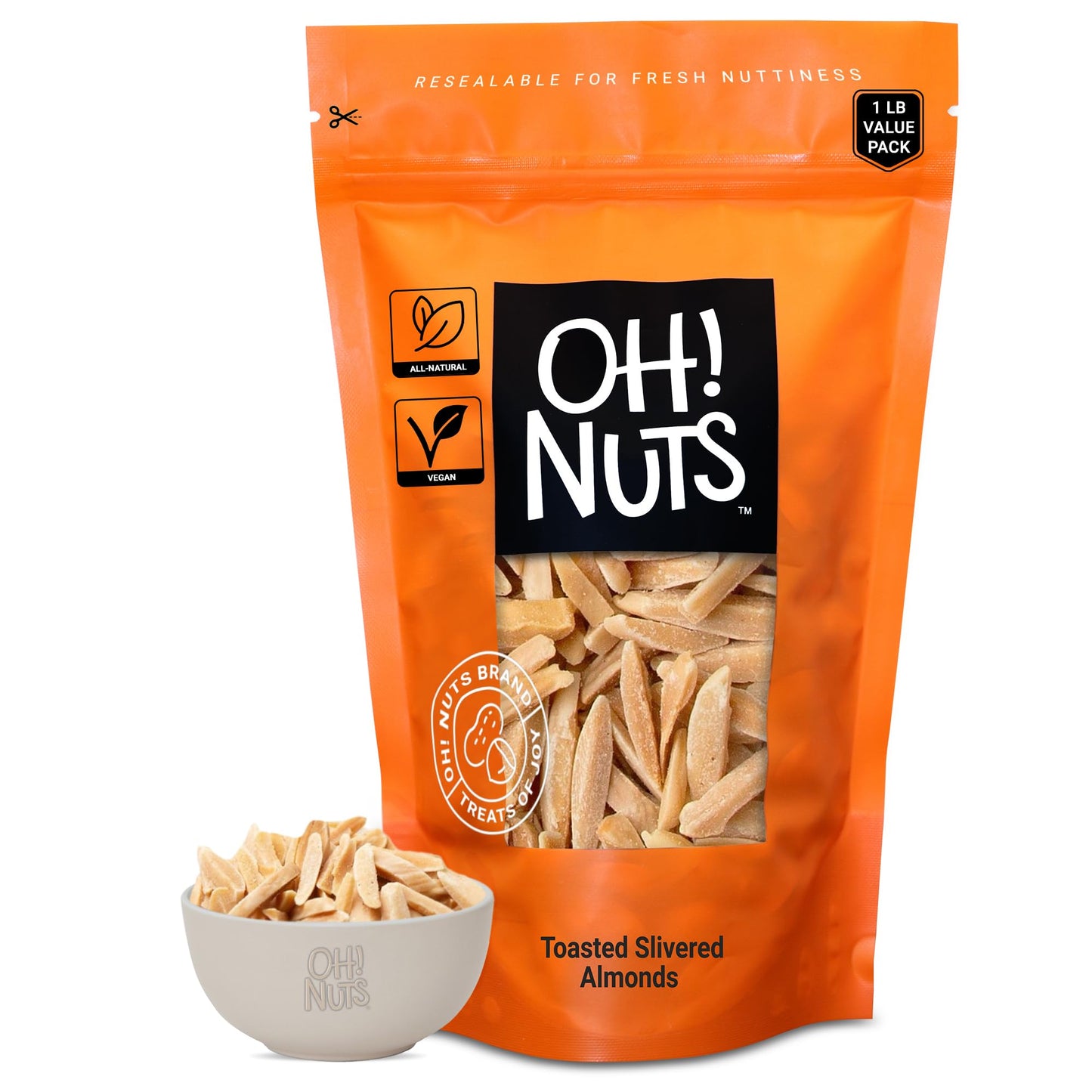 Oh! Nuts Almonds Toasted Slivered - Raw - 100% Natural - 1 Lb - High-Protein Almonds - Packed In New York Zip-Seal Bag For Exceptional Freshness