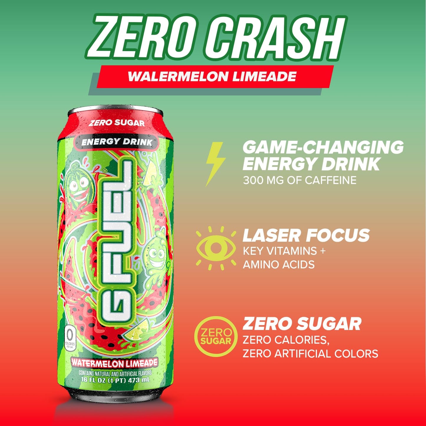 G Fuel Watermelon Limeade Energy Drink, 16 oz Can, 12-Pack Case