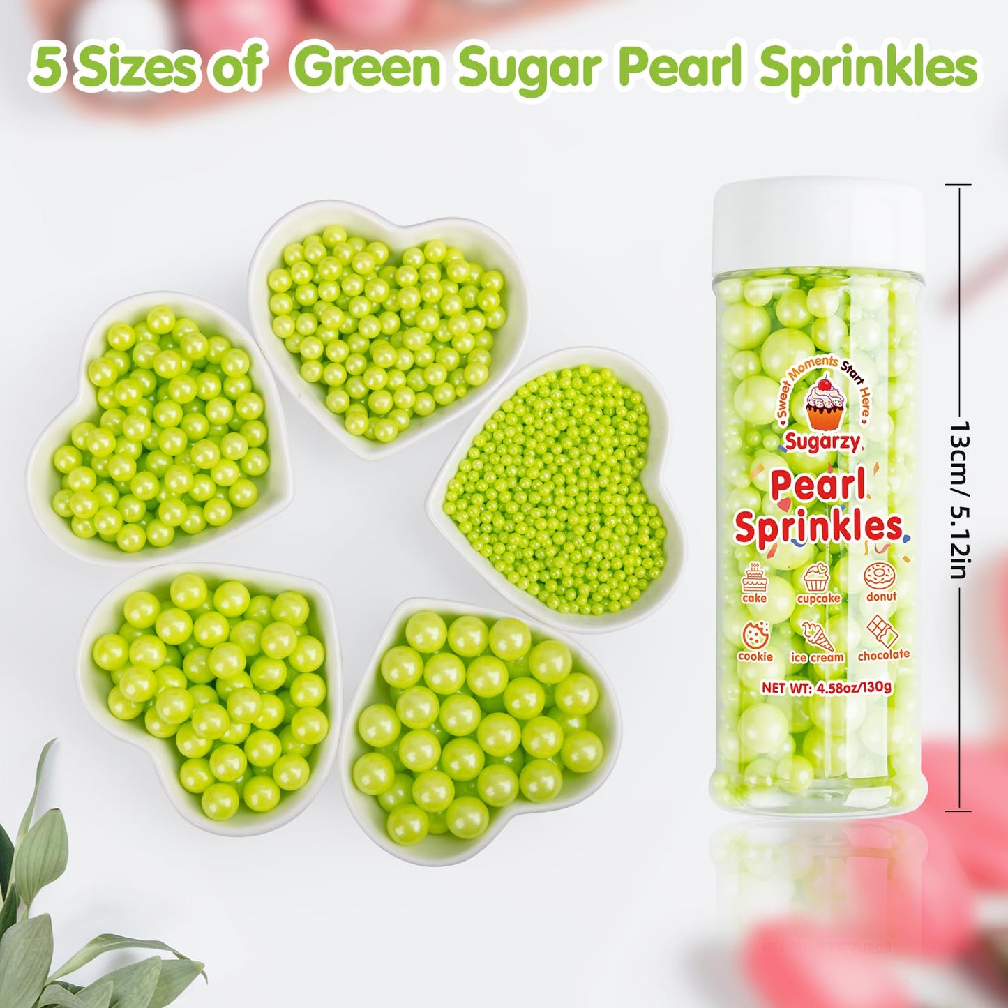 Sugarzy Edible Green Pearl Sprinkles, 130g, Cake Decorating, Baking Toppings, Cupcake Toppers, Birthday Party Supplies