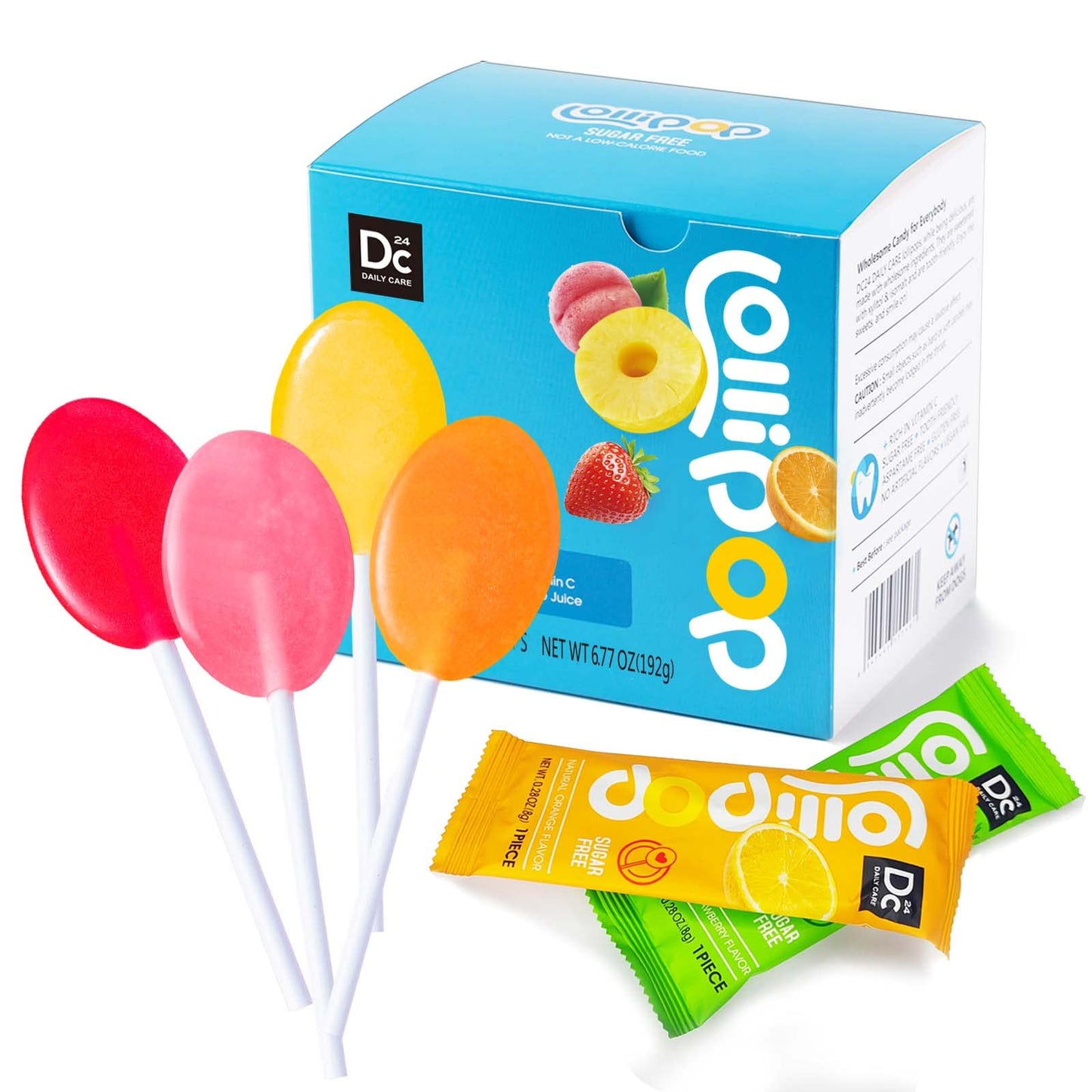 Dc24 Daily Care Sugar Free Lollipops With Vitamin C, Healthy Suckers With Xylitol, Assorted Fruit Flavored Hard Candy For Kids,