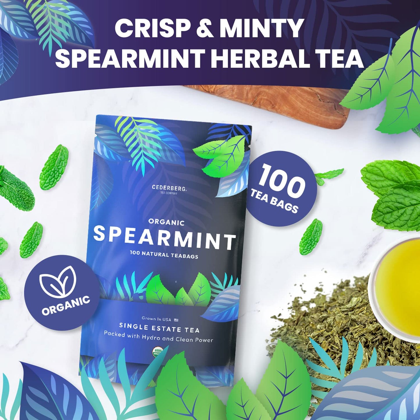 Cederberg Organic Spearmint Herbal Tea - 100 Bags, Caffeine Free, Non-GMO, Eco-Friendly