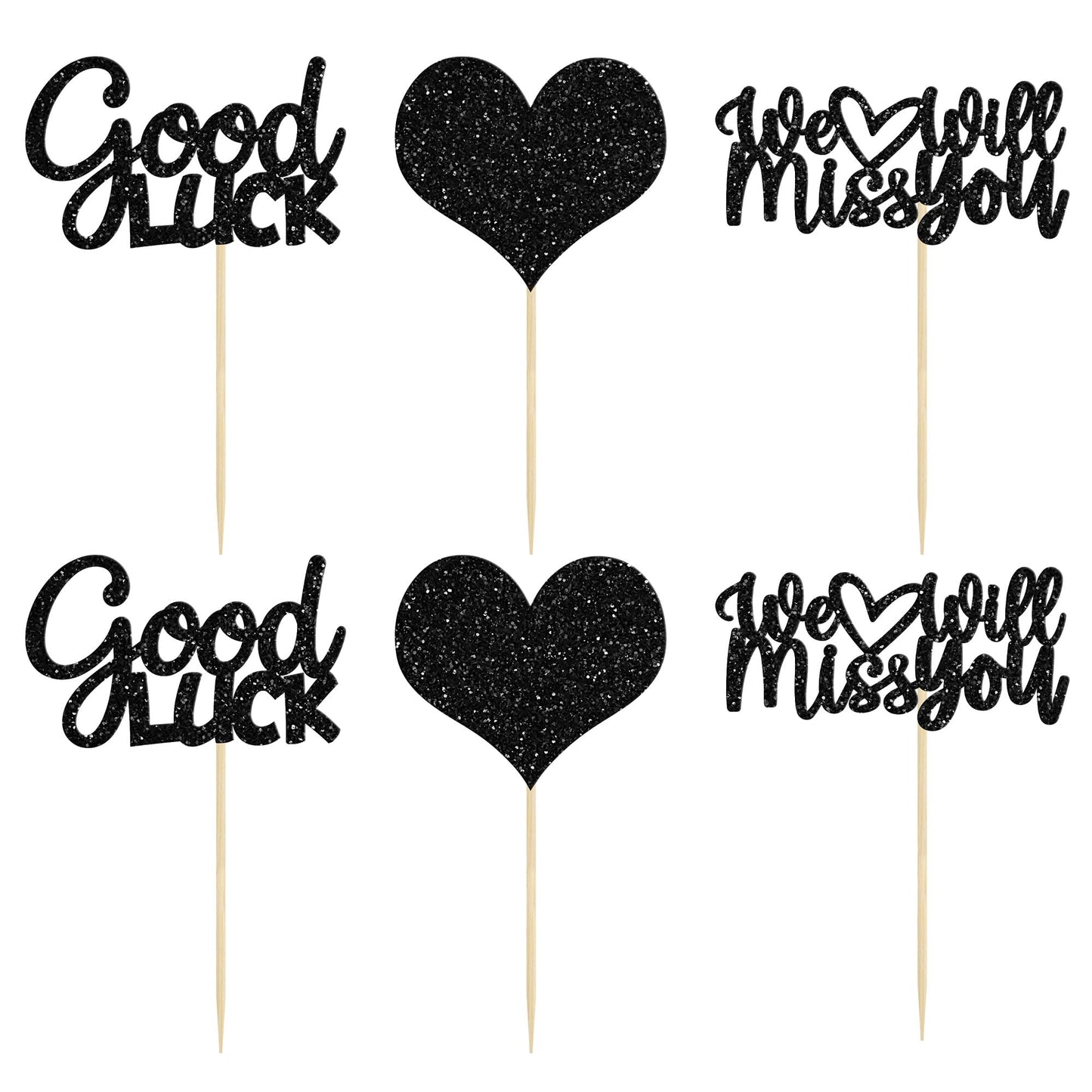 Gyufise 36Pcs Black Glitter We Will Miss You Cupcake Toppers With Love Glitter Good Luck Cupcake Picks Going Away Farewell Retir