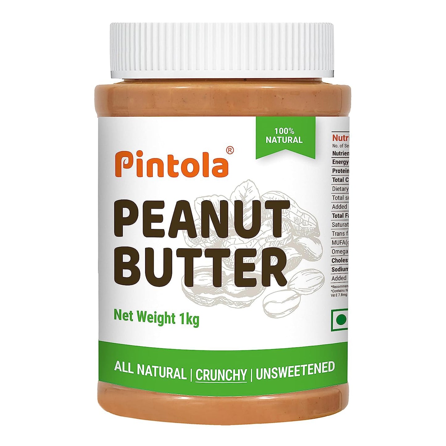 Pintola All Natural Peanut Butter (Crunchy) | Unsweetened | 30g Protein | Non GMO | Gluten Free | Vegan | Cholesterol Free (1kg)