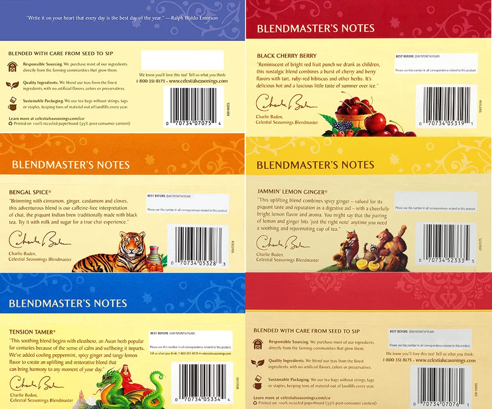 Celestial Seasonings Herbal Tea Variety Pack, Caffeine-Free, 20 Count (Pack of 6) - Rooibos, Blueberry, Tension Tamer, Cherry Berry, Bengal Spice,