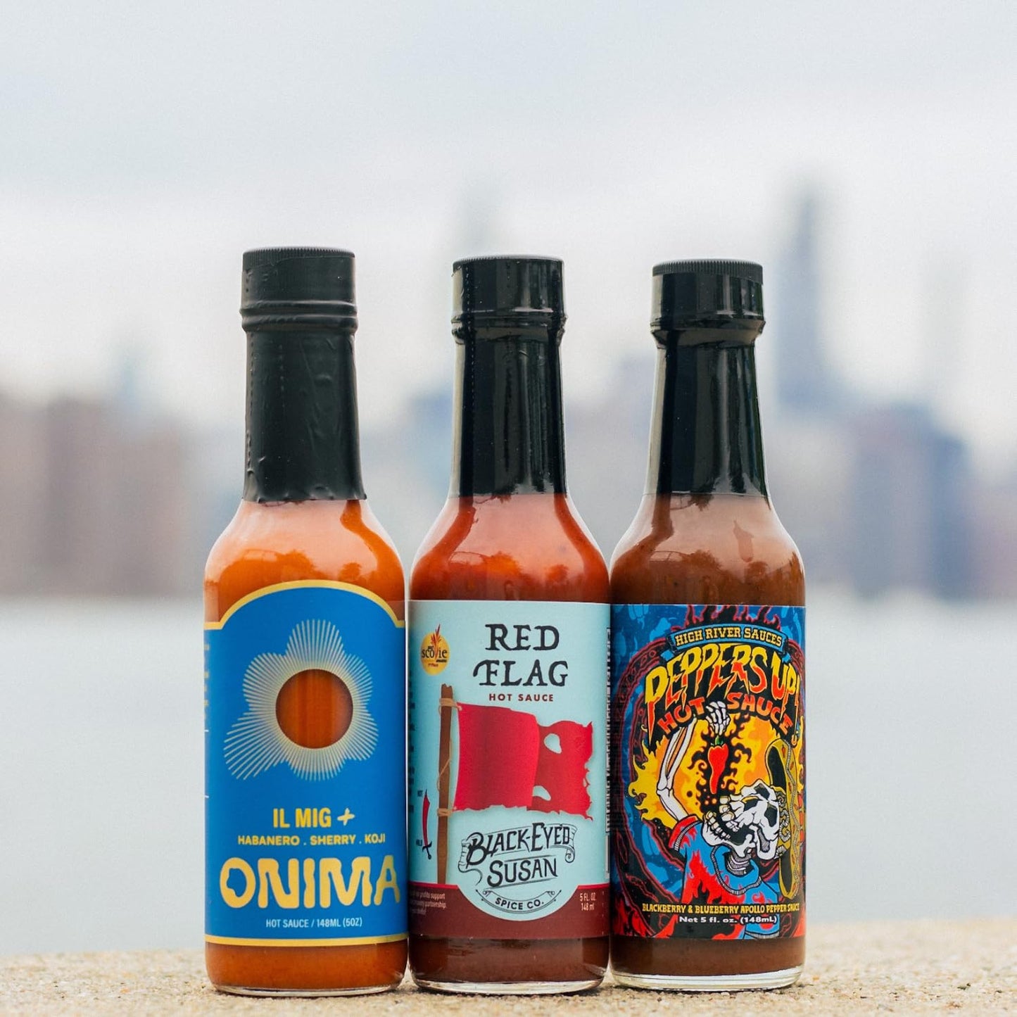 Hot Ones Season 24 Heat Pack, Hot Sauce Pack With Onima (Il Mig+), Black-Eyed Susan (Red Flag), High River Sauces (Peppers Up!),