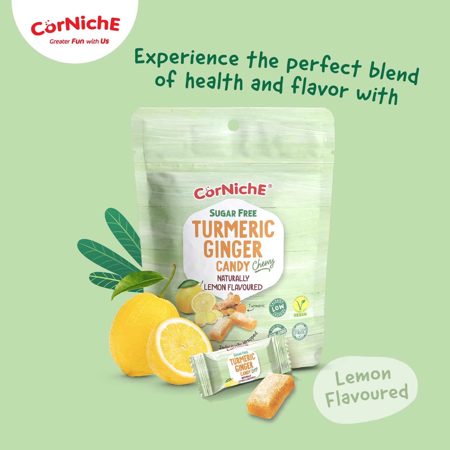Corniche Sugar Free Turmeric Ginger Candy, Vegan, Gluten Free, Pack of 3, Naturally Flavored, Individually Wrapped