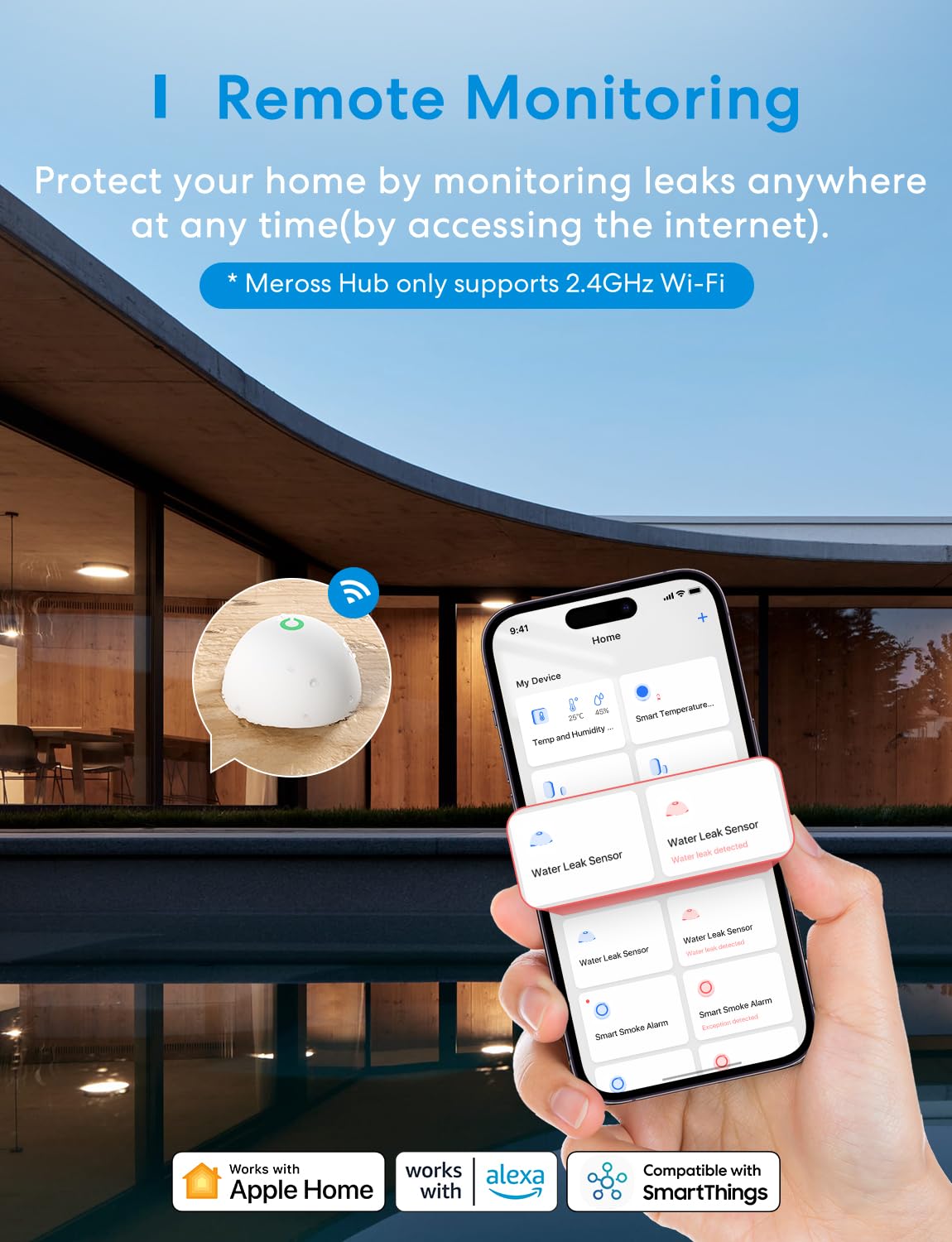 Meross Smart Water Sensor Alarm 3 Pack, Wifi Water Leak Detector Support Apple Homekit, Smartthings, Ip67 Waterproof With App Al