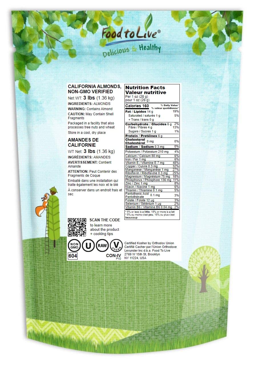 Food To Live California Almonds, 3 Pounds - Supreme, Whole, Raw, Unsalted, Unroasted Nuts, Natural.