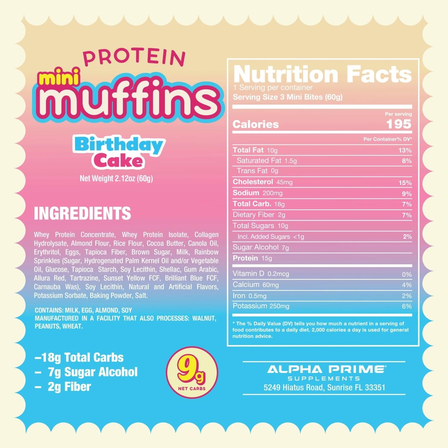 Alpha Prime dietary products Protein Mini Muffins - Birthday Cake Flavor, Low Sugar, 12 Packs per Box, 15.7 x 14.7 x 21.99 cm