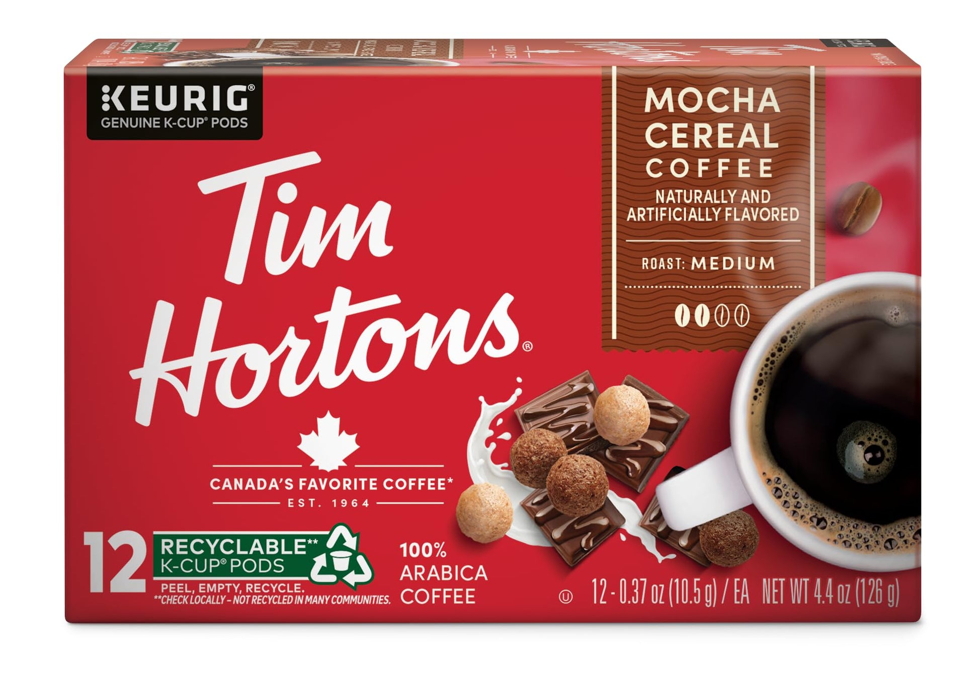 Tim Hortons Mocha Cereal Flavored Coffee, K-Cup Pods, 12 Count, Compatible with Keurig Brewers
