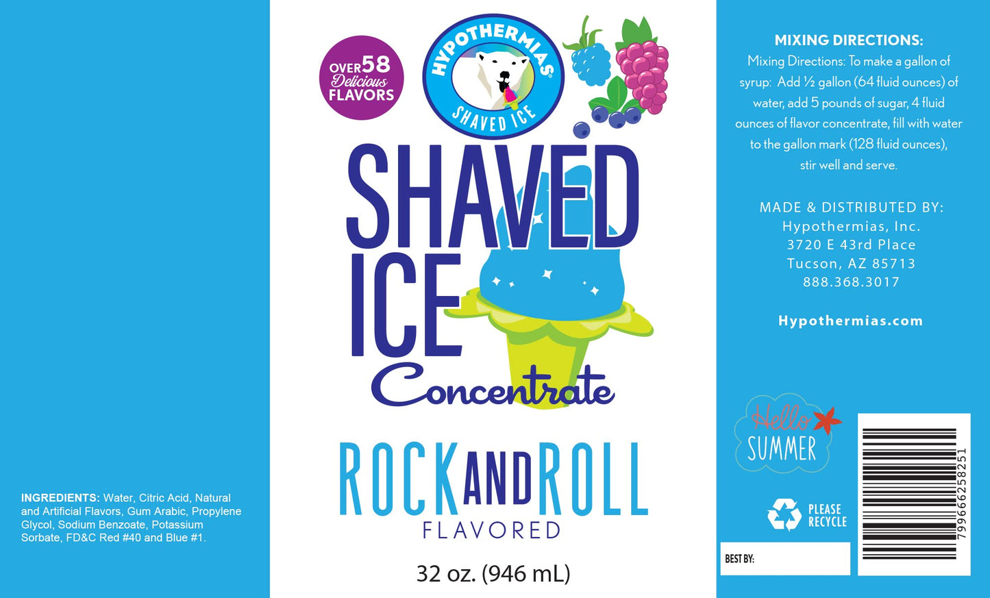 Hypothermias Shaved Ice Syrup Concentrate - Unsweetened - 32 Fl Oz - Makes 8 Gallons - Rock and Roll Flavor