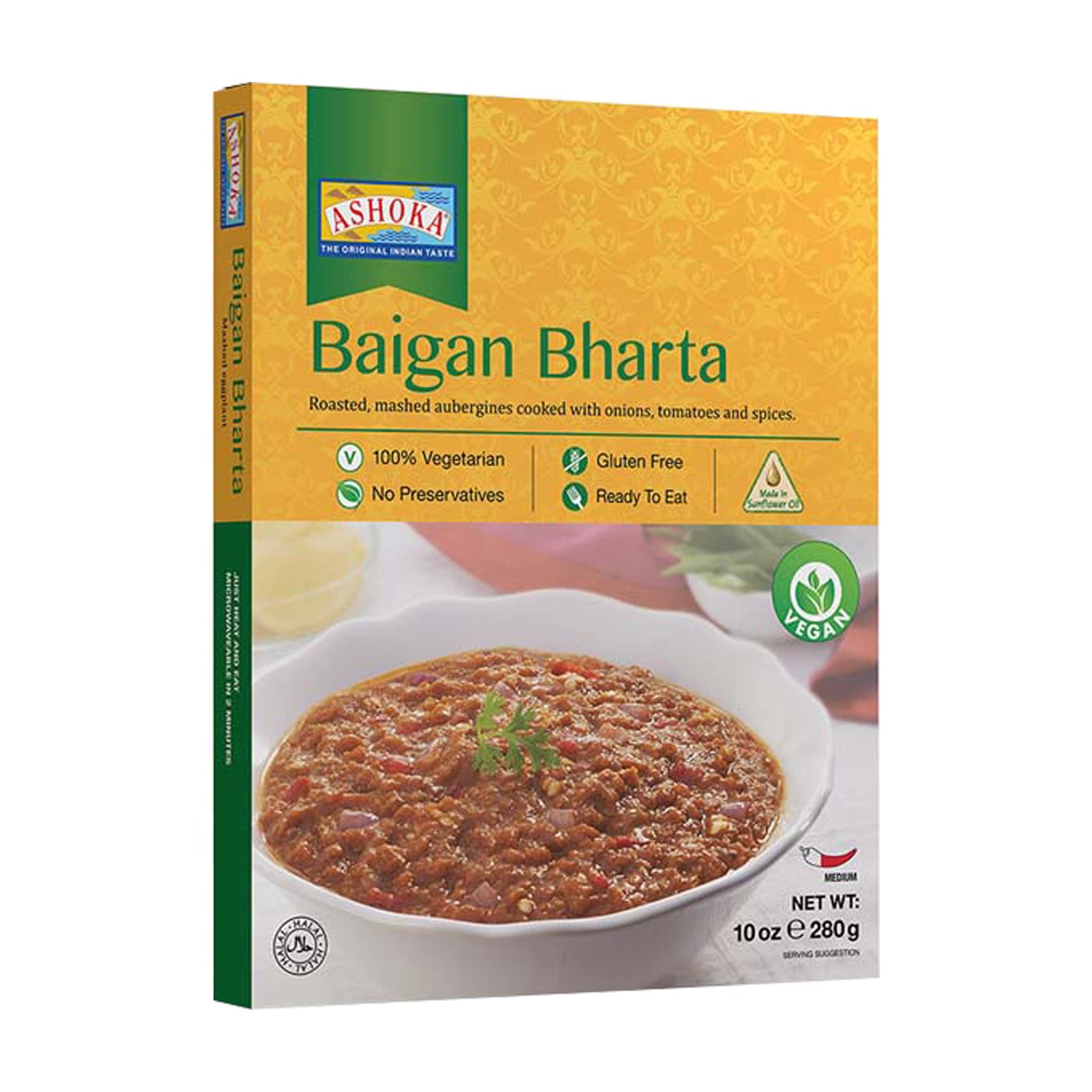 ASHOKA Vegan Mashed Aubergines, Gluten-Free, Kosher Certified, 10 Ounce, Microwave Ready Meals