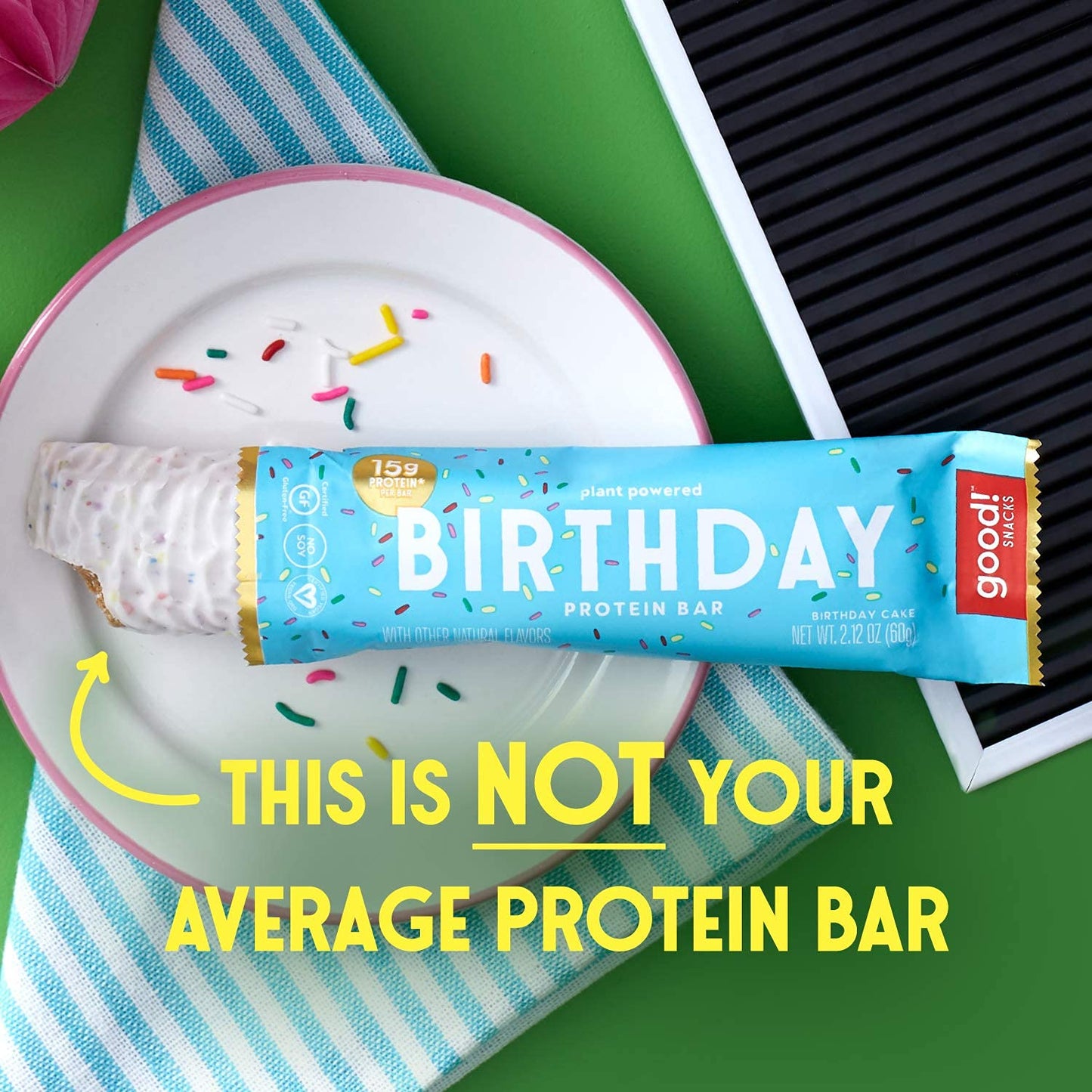 Good! Snacks Vegan Birthday Cake Protein Bar | Gluten-Free, Plant Based, Low Sugar, Kosher, Soy Free, Non Gmo | 15G Protein (12