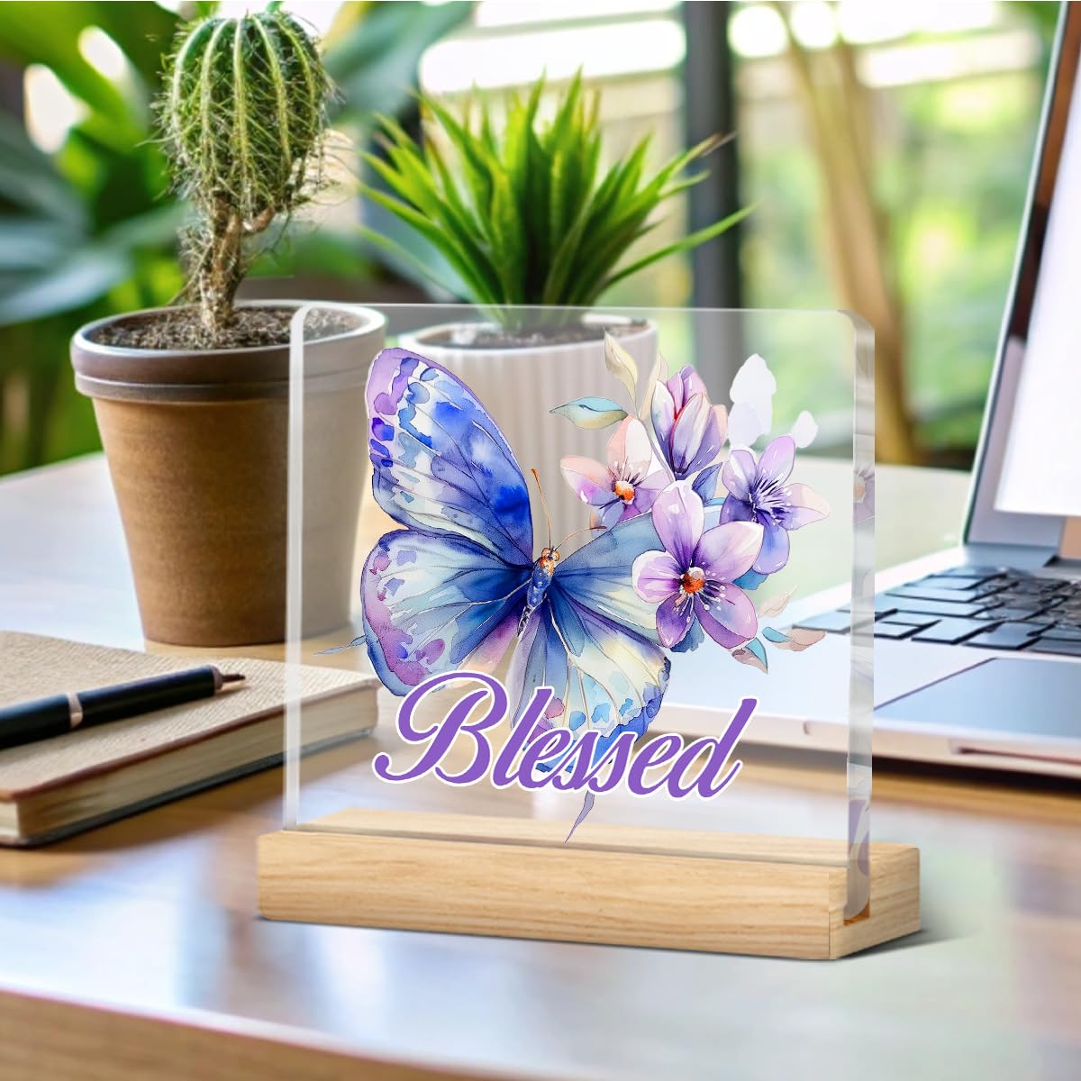 Opomzk Acrylic Desk Sign - Christian Gifts for Women, Purple Butterfly, Inspirational Bible Verses, Model LY17-18-Blessed, Multicolor R