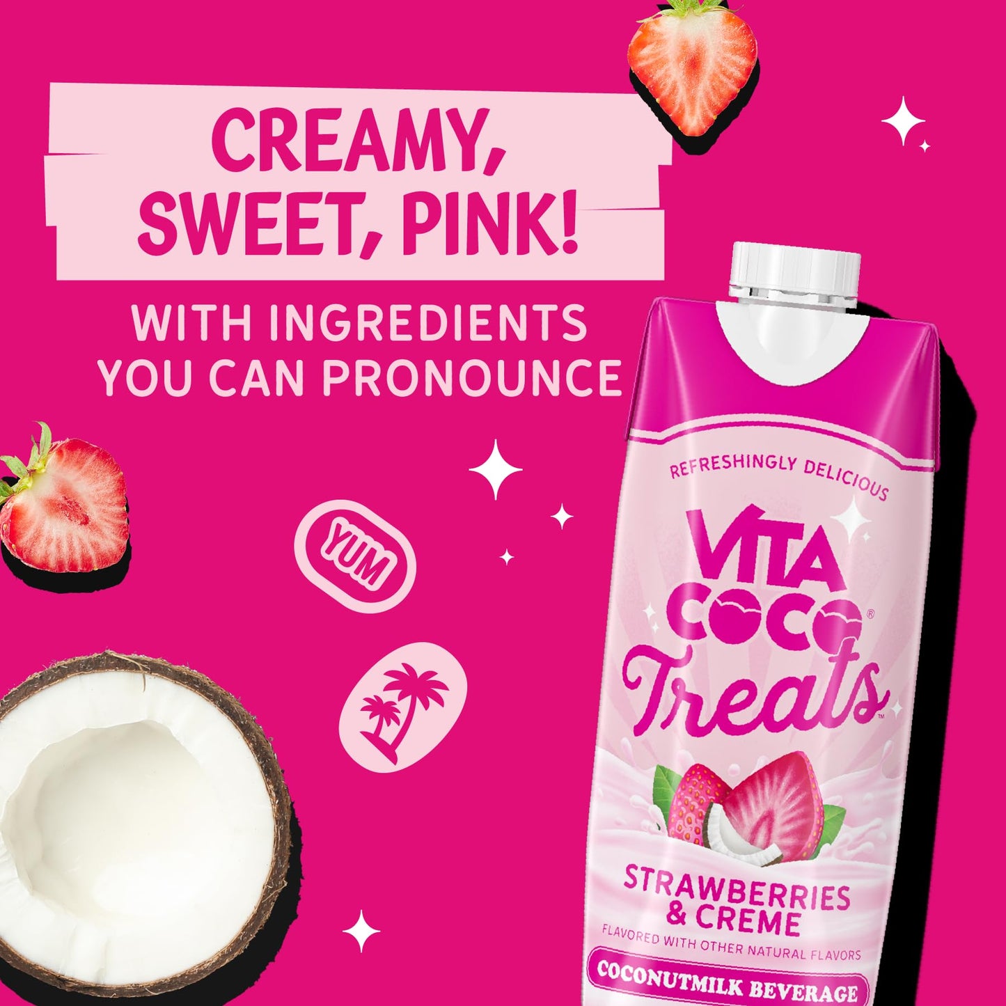 Vita Coco Treats Strawberries & Cream Coconut Milk Drink | Sweet, Refreshing, Treat | Lower Sugar Pink Drink Alternative| 16.9 f