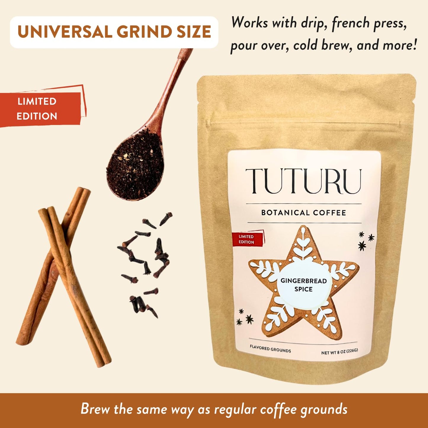 TUTURU Botanical Coffee Gingerbread Ground Coffee, Medium Roast, 8 oz, Flavored with Real Gingerbread Spices, Low-Acid for Drip or Cold Brew