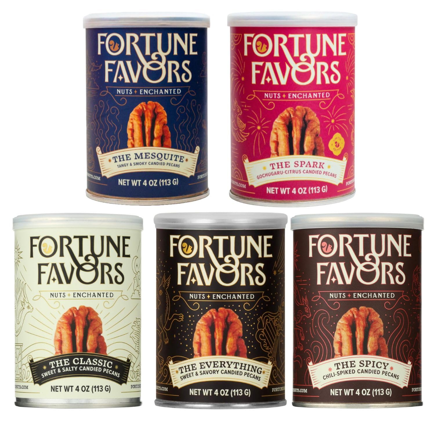 Fortune Favors Candied Pecans, Sweet and Salty Snack, Hand Crafted in Small Batches, USA-Grown (4oz, Variety)