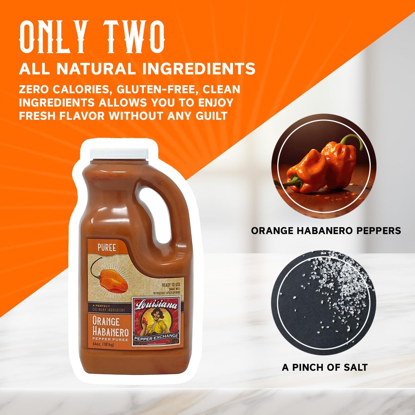 Louisiana Pepper Exchange Orange Habanero Pepper Puree Sauce Salsa, Spicy Sweet Tropical Seasoning, Plant-Based, Gluten-Free, 64
