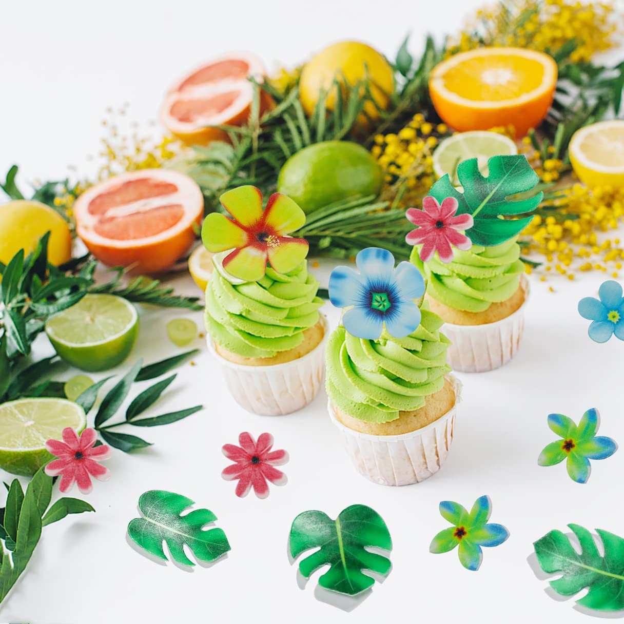 83Pcs Edible Tropical Turtle Leaves Flower Cupcake Toppers Wafer Paper Palm Leaf Flower Cake Topper Edible Cake Decoration For H