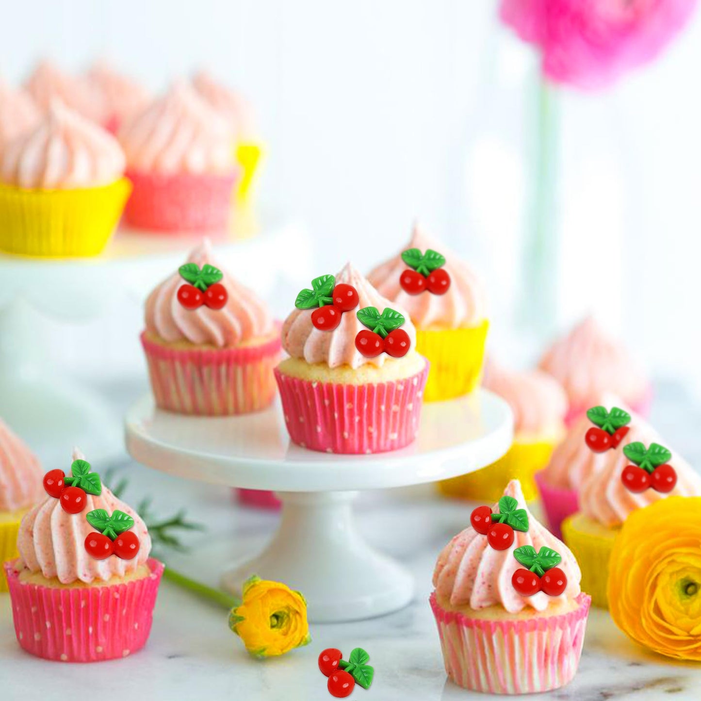 Cyodoos 24 Pcs Cherry Cupcake Toppers, Red Resin Fruit Theme Picks for Kid Baby Shower Party Decorations