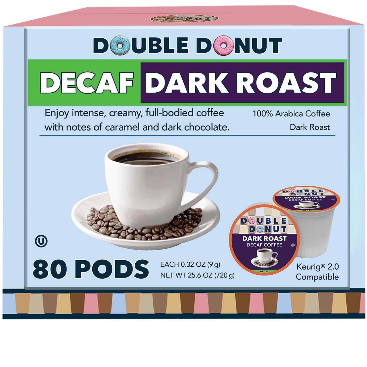 Double Donut Decaf Dark Roast Coffee Pods  Extra Bold Blend Coffee  Single Serve Coffee For Keurig K Cups Machines  Decaf Dark Roast Coffee in Recyclable Pods  80 Count