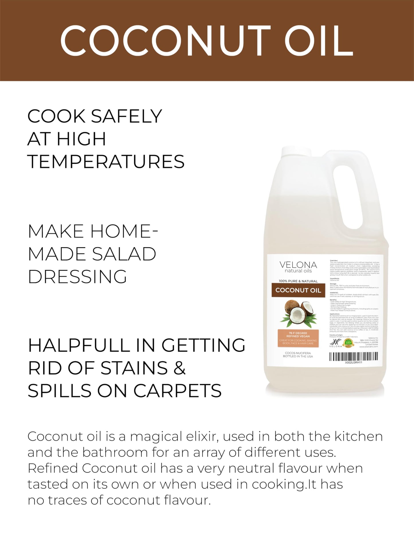 Velona Coconut Oil 76 Degree 7 Lb | 100% Pure And Natural Carrier Oil | In Jar | Refined, Cold Pressed | Skin, Face, Body, Hair