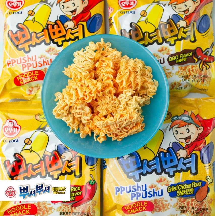 [Ottogi] Ppushu Ppushu Korean Ramen Snack Variety Pack, Crush To Eat Noodle,Bbq, Bulgogi, Grilled Chicken, Spicy Rice Cake Flavors, 3.17Oz (90G) X 8 Pack,Crunch & Shake Noodle Snack