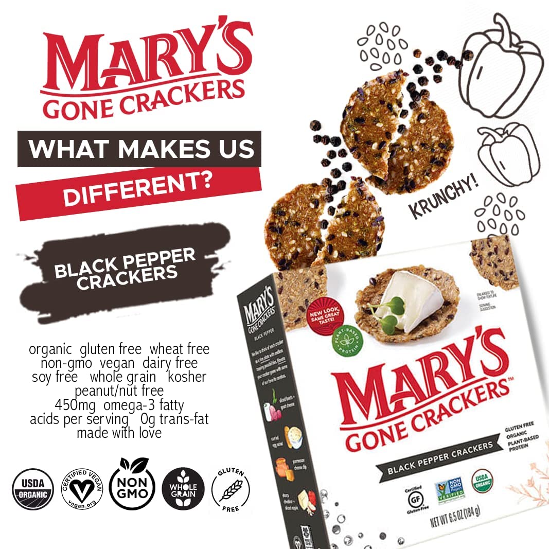 Mary'S Gone Crackers Black Pepper Crackers, 6.5 Ounce (Pack Of 6), Organic Brown Rice, Flax & Sesame Seeds, Gluten Free, (00010)