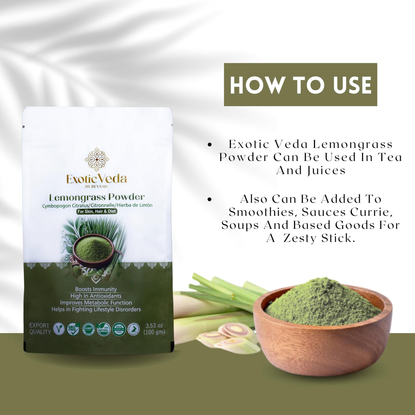 Exotic Veda Organic Lemongrass Powder | Dried Lemon Powder | Vitamin C Rich | Perfect For Cooking | Dandelion Tea Enhancer | Lem