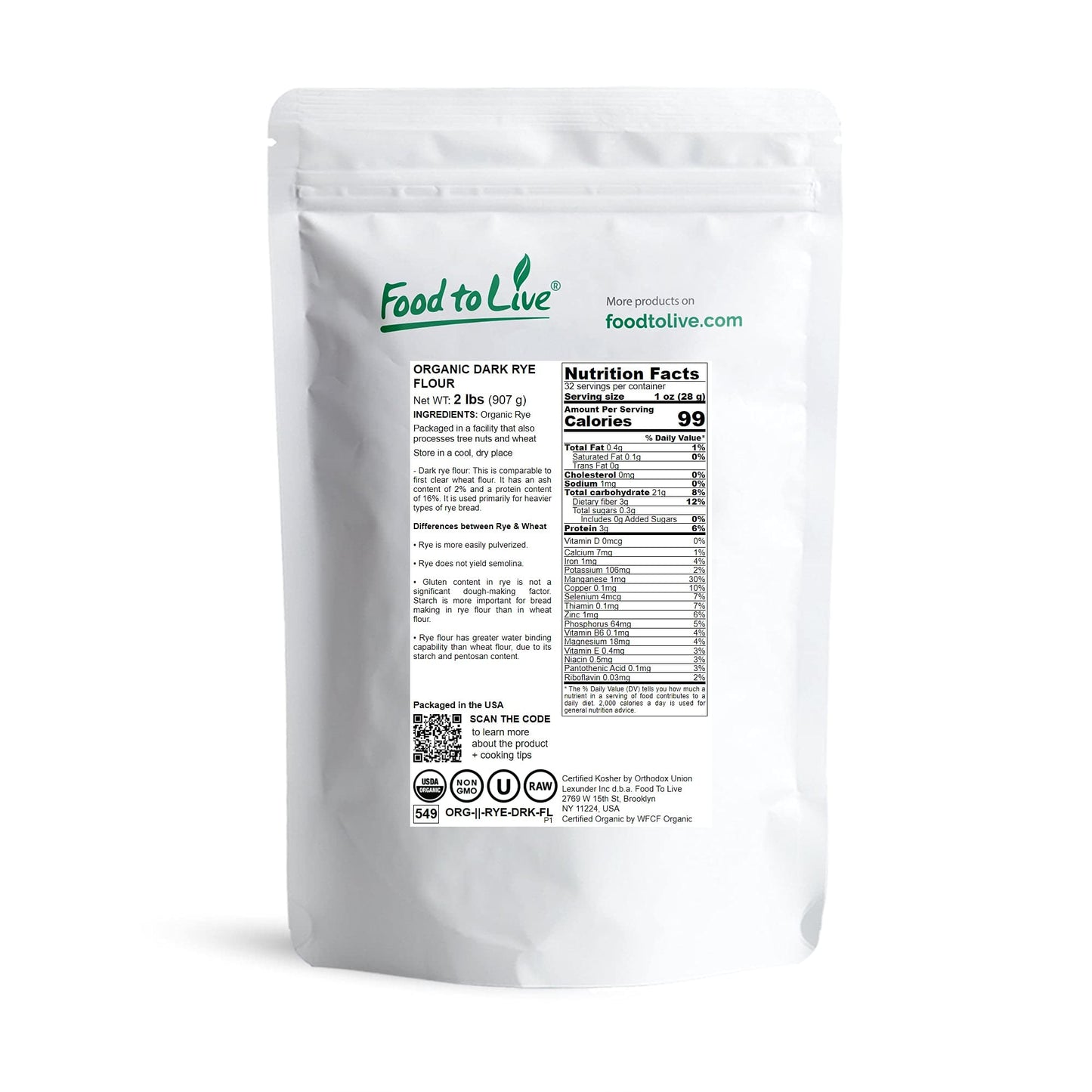 Food to Live Organic Dark Rye Flour, 2 Pounds - Whole Grain, Non-GMO, Stone Ground, Kosher, Raw, Vegan, Bulk, Great for Baking B