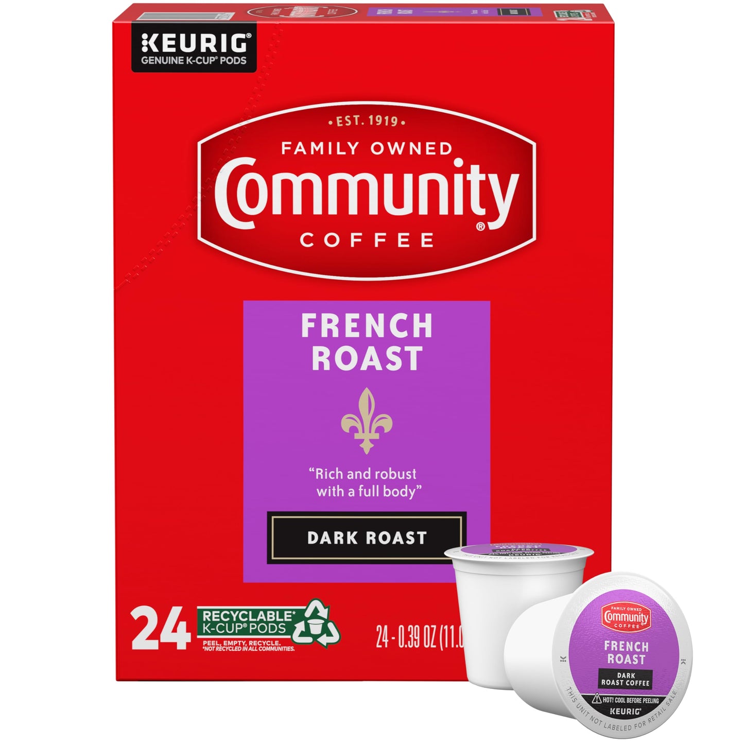 Community Coffee French Roast Coffee Pods, Extra Dark Roast, Compatible with Keurig, 24 Count