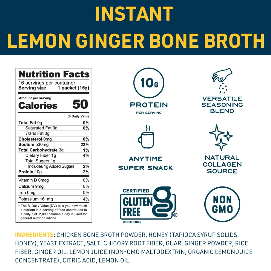 Bare Bones Bone Broth Instant Powdered Mix, Lemon Ginger, Pack Of 16, 15G Sticks, 10G Protein, Keto & Paleo Friendly Bone Broth