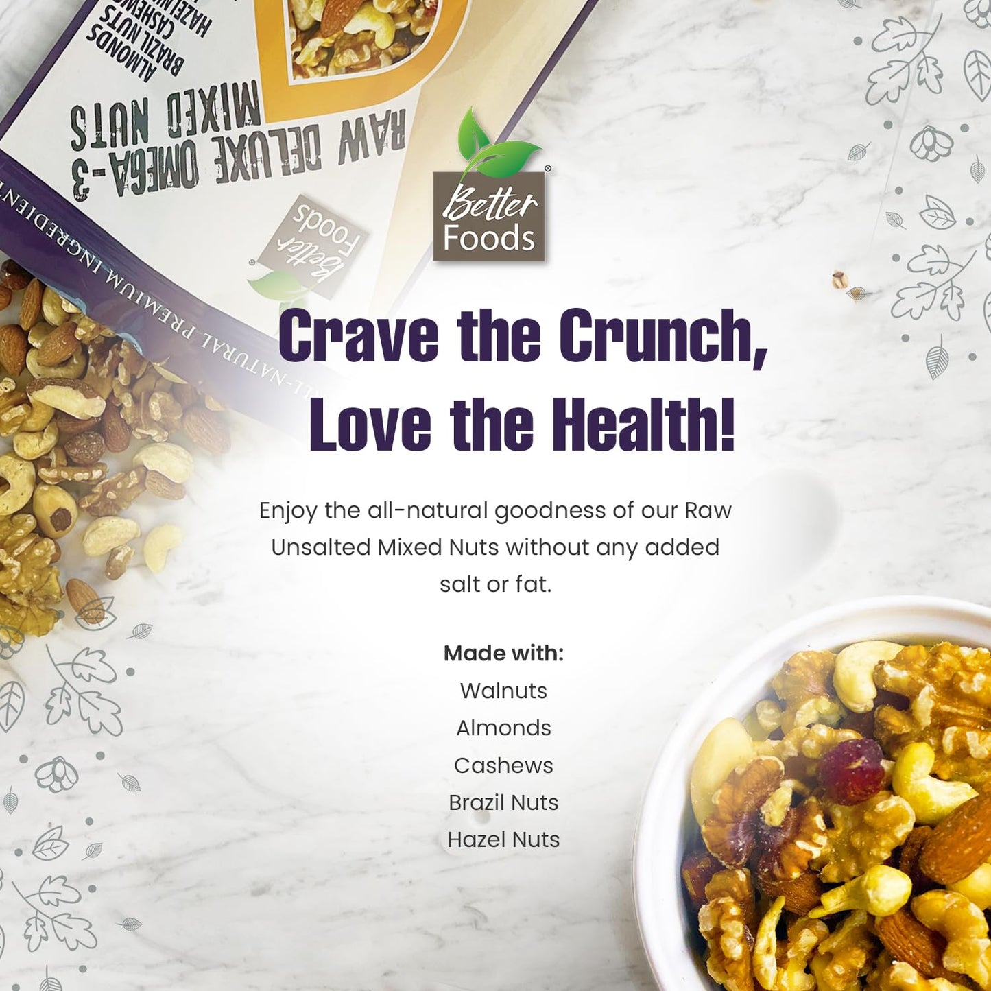 BetterFoods Raw Unsalted Omega-3 Mixed Nuts, 24oz - Almonds, Cashews, Walnuts, Hazelnuts, Brazil Nuts, Gluten Free Snack